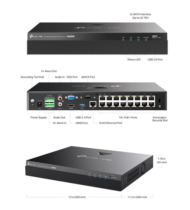 Tp-link Vigi Nvr2016h-16p V2 16 Kanal Poe 4k 2 Sata H265+ Onvif Nvr Kayit Ci̇hazi