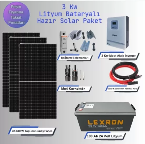 3 Kw Lityum Akülü Hazır Solar Paket Kolay Kurulum (Orta Verim)